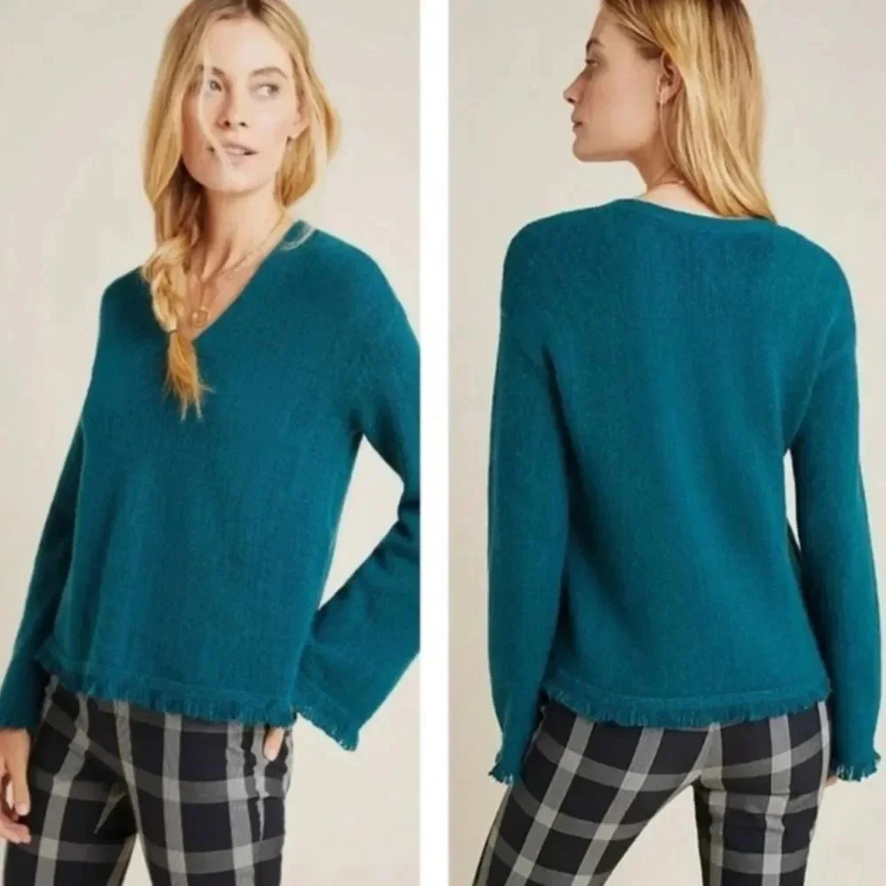 Anthropologie | Joy Fringed V Neck Sweater Medium New Dark Turquoise Teal New